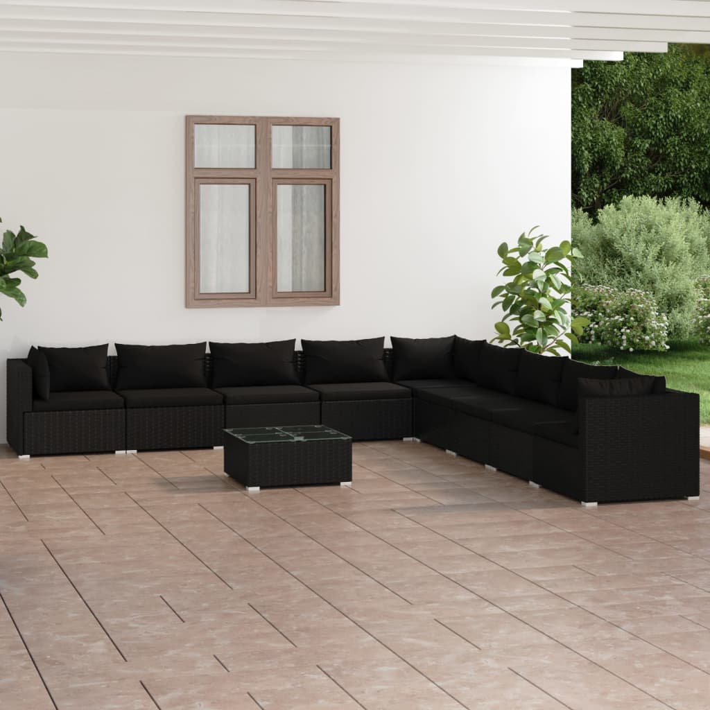 Set Divani da Giardino 10 pz con Cuscini in Polyrattan Nero