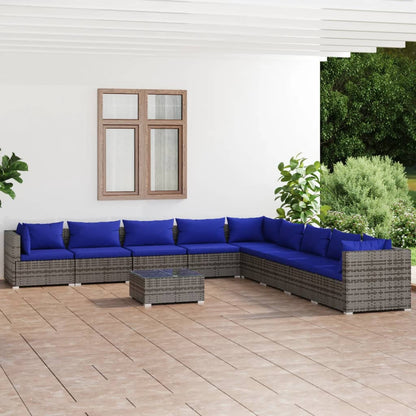 Set Divani da Giardino 10 pz con Cuscini in Polyrattan Grigio