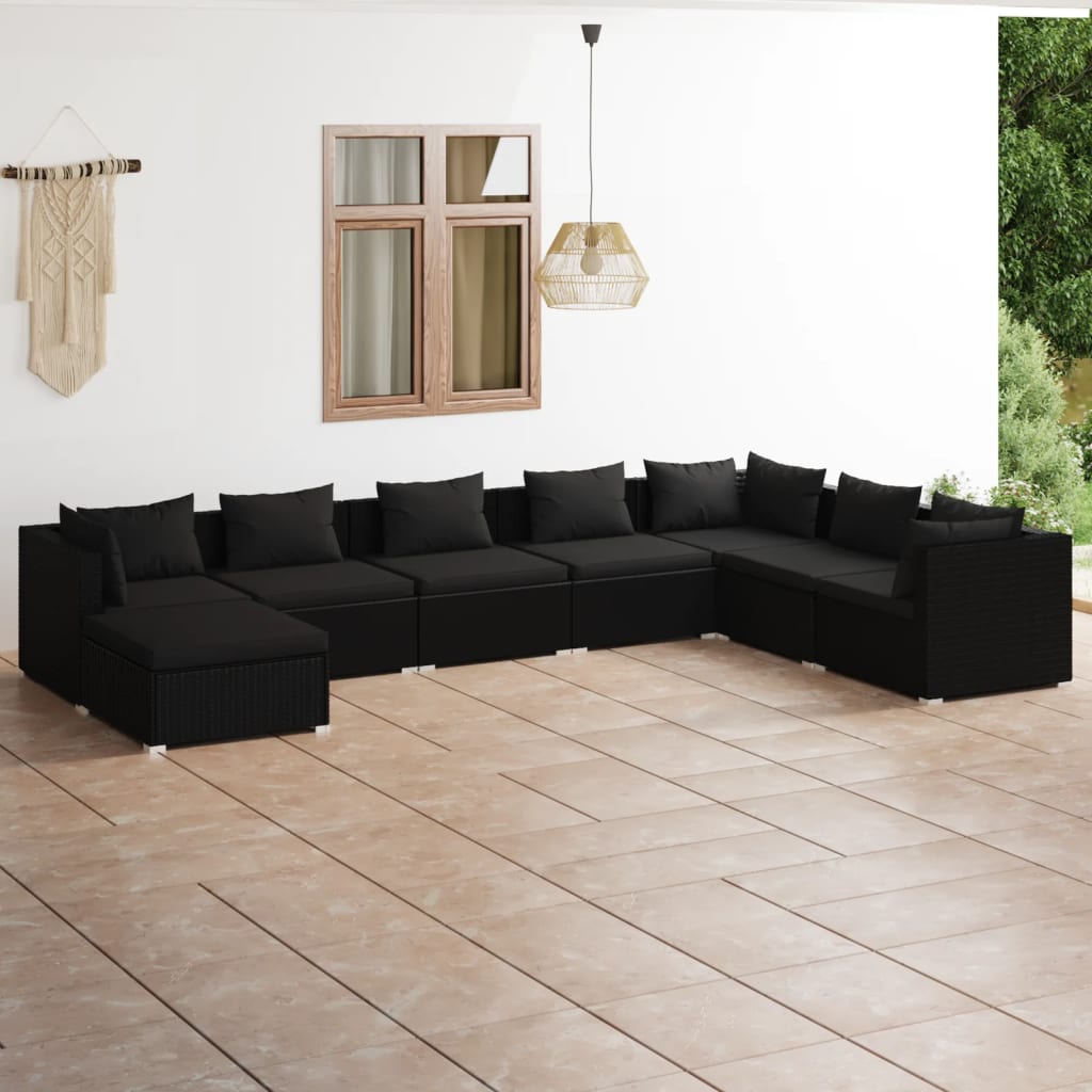 Set Divani da Giardino 8 pz con Cuscini in Polyrattan Nero