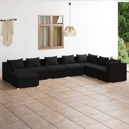 Set Divani da Giardino 8 pz con Cuscini in Polyrattan Nero