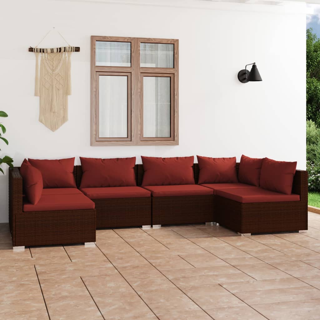 Set Divani da Giardino 6 pz con Cuscini in Polyrattan Marrone