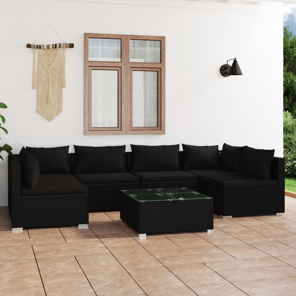 Set Divani da Giardino 7 pz con Cuscini in Polyrattan Nero
