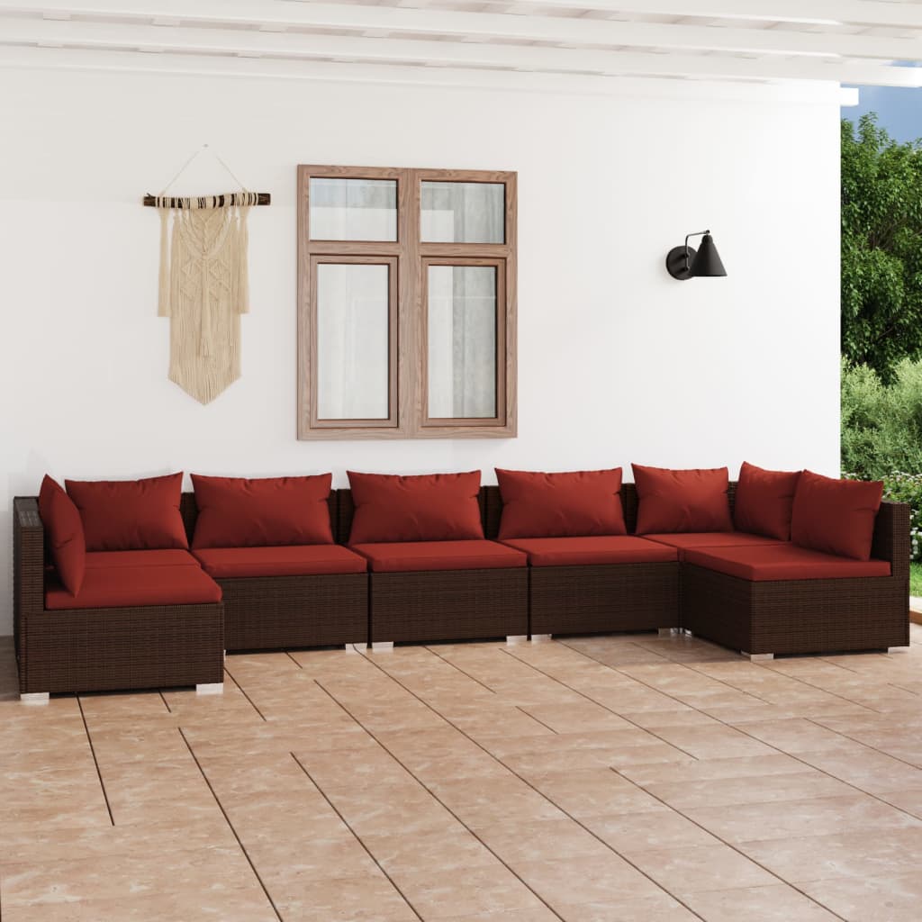Set Divani da Giardino 7 pz con Cuscini in Polyrattan Marrone