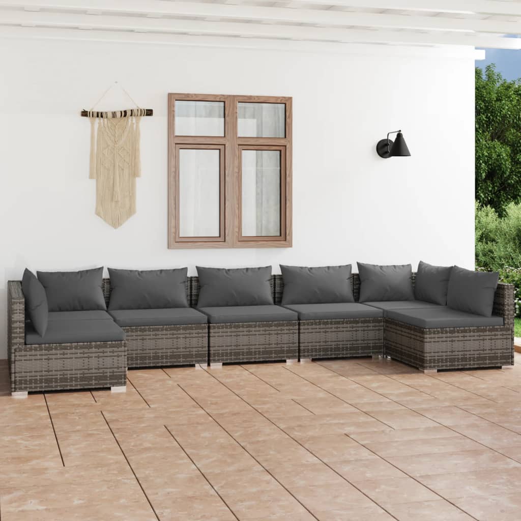 Set Divani da Giardino 7 pz con Cuscini in Polyrattan Grigio