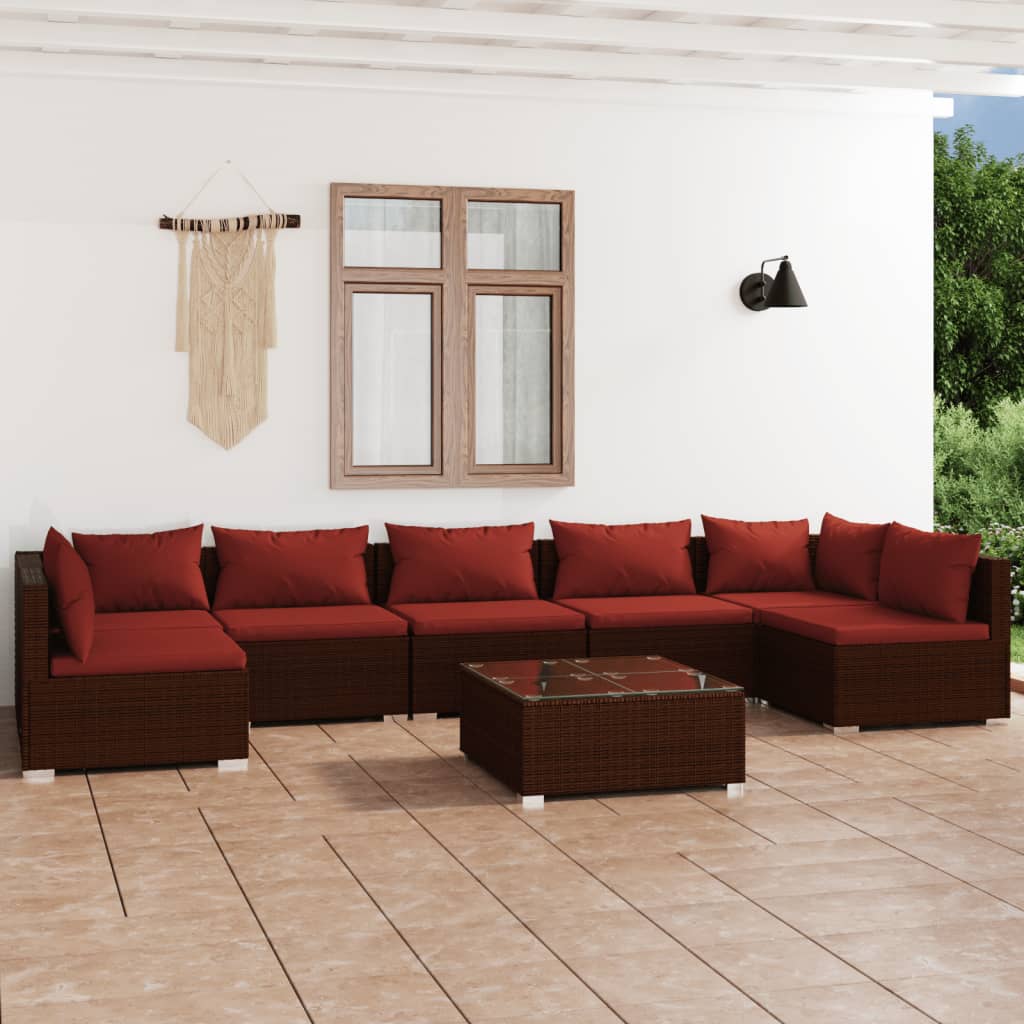 Set Divani da Giardino 8 pz con Cuscini in Polyrattan Marrone