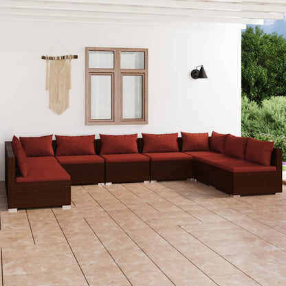 Set Divani da Giardino 9 pz con Cuscini in Polyrattan Marrone