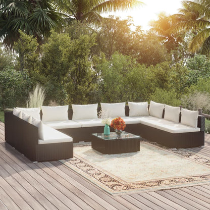 Set Divani da Giardino 10 pz con Cuscini in Polyrattan Nero