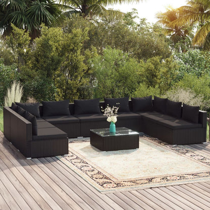 Set Divani da Giardino 10 pz con Cuscini in Polyrattan Nero