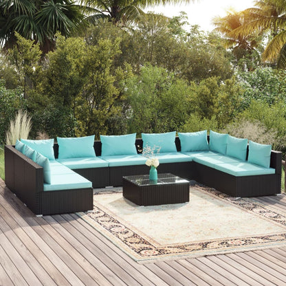 Set Divani da Giardino 10 pz con Cuscini in Polyrattan Nero