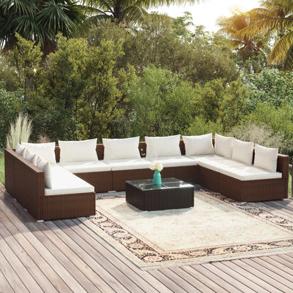 Set Divani da Giardino 10 pz con Cuscini in Polyrattan Marrone