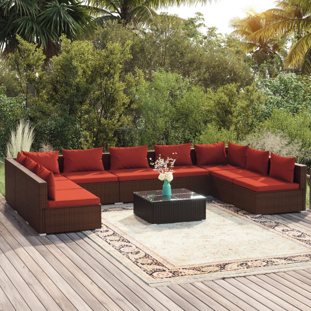 Set Divani da Giardino 10 pz con Cuscini in Polyrattan Marrone