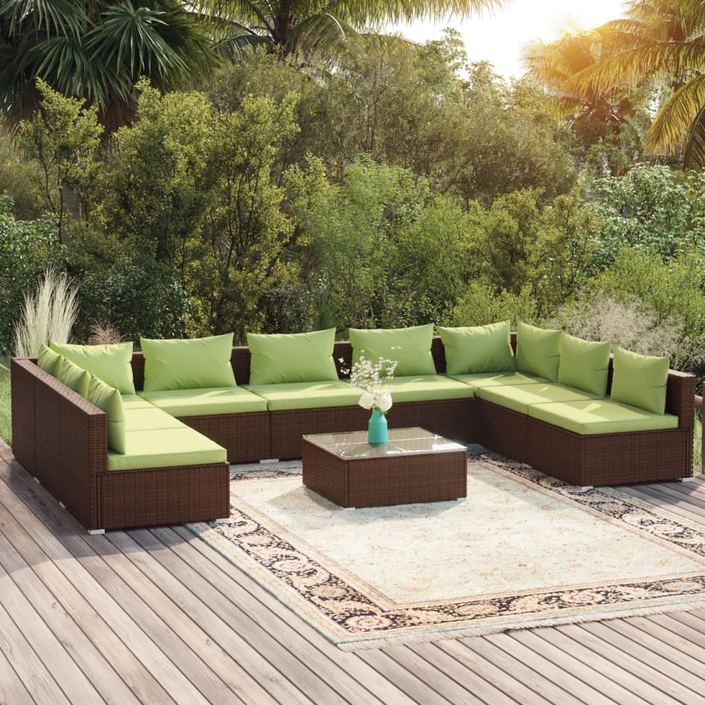 Set Divani da Giardino 10 pz con Cuscini in Polyrattan Marrone