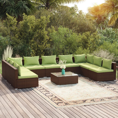 Set Divani da Giardino 10 pz con Cuscini in Polyrattan Marrone