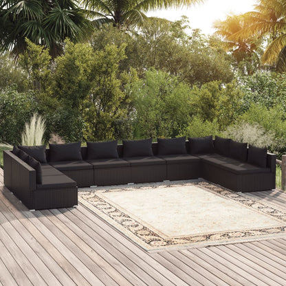 Set Divani da Giardino 10 pz con Cuscini in Polyrattan Nero