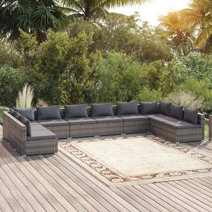 Set Divani da Giardino 10 pz con Cuscini in Polyrattan Grigio