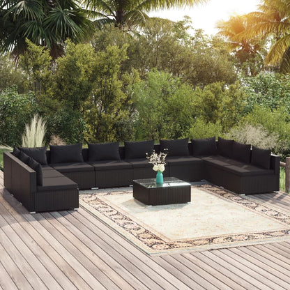 Set Divani da Giardino 11 pz con Cuscini in Polyrattan Nero