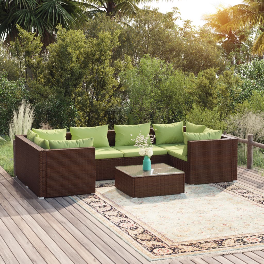 Set Divani da Giardino 7 pz con Cuscini in Polyrattan Marrone