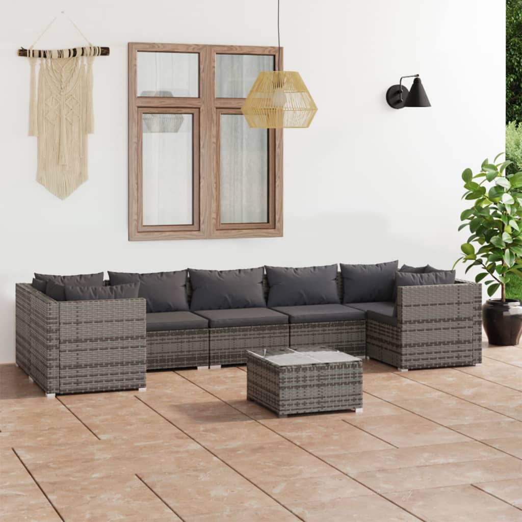 Set Divani da Giardino 8 pz con Cuscini in Polyrattan Grigio