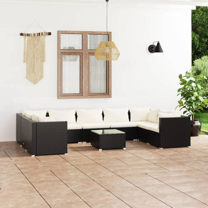 Set Divani da Giardino 10 pz con Cuscini in Polyrattan Nero