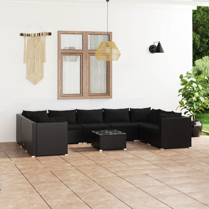 Set Divani da Giardino 10 pz con Cuscini in Polyrattan Nero