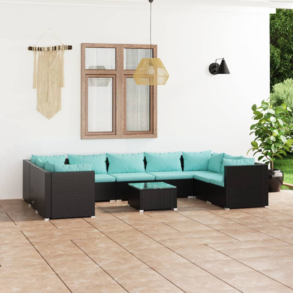 Set Divani da Giardino 10 pz con Cuscini in Polyrattan Nero