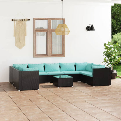 Set Divani da Giardino 10 pz con Cuscini in Polyrattan Nero