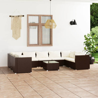Set Divani da Giardino 10 pz con Cuscini in Polyrattan Marrone