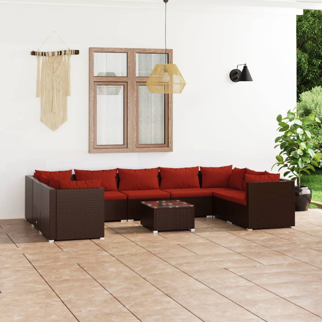 Set Divani da Giardino 10 pz con Cuscini in Polyrattan Marrone