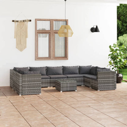 Set Divani da Giardino 10 pz con Cuscini in Polyrattan Grigio