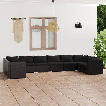 Set Divani da Giardino 10 pz con Cuscini in Polyrattan Nero