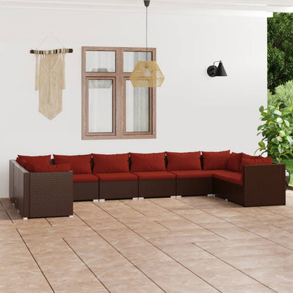 Set Divani da Giardino 10 pz con Cuscini in Polyrattan Marrone