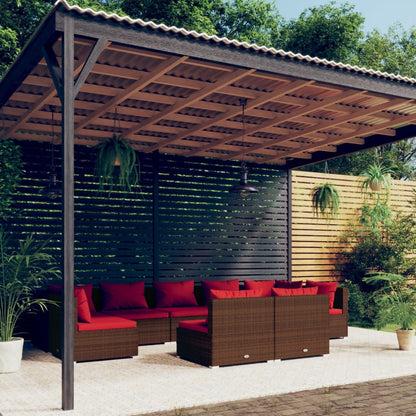 Set Divani da Giardino 9 pz con Cuscini in Polyrattan Marrone