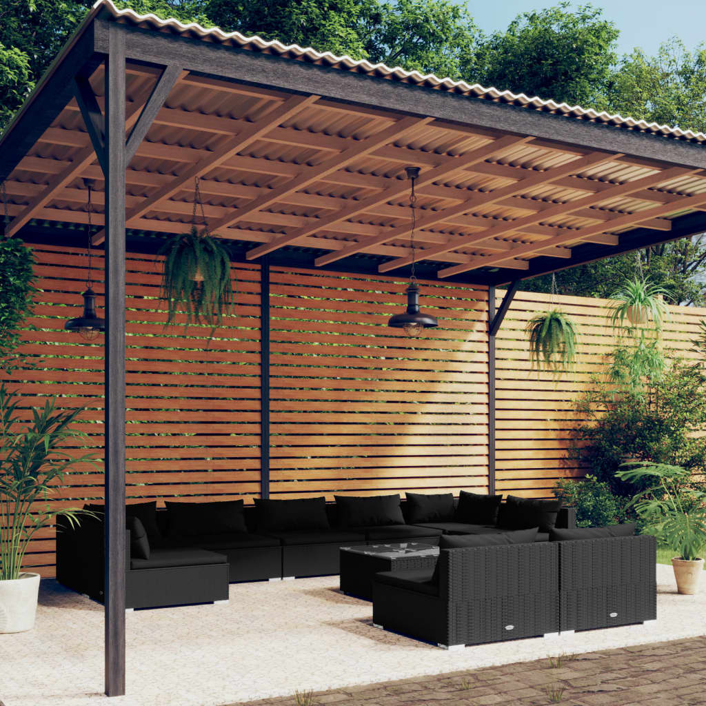 Set Divani da Giardino 10 pz con Cuscini in Polyrattan Nero