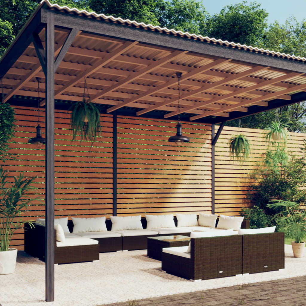 Set Divani da Giardino 10 pz con Cuscini in Polyrattan Marrone