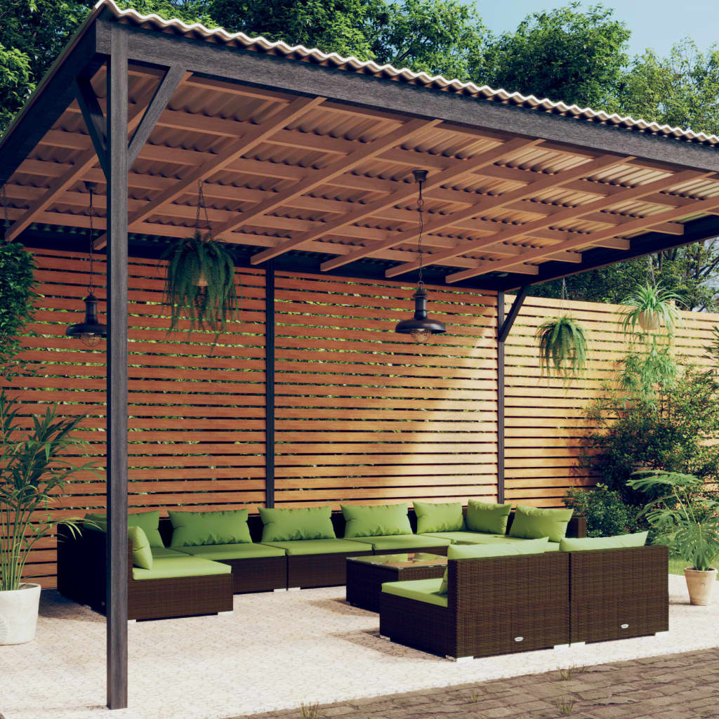 Set Divani da Giardino 10 pz con Cuscini in Polyrattan Marrone
