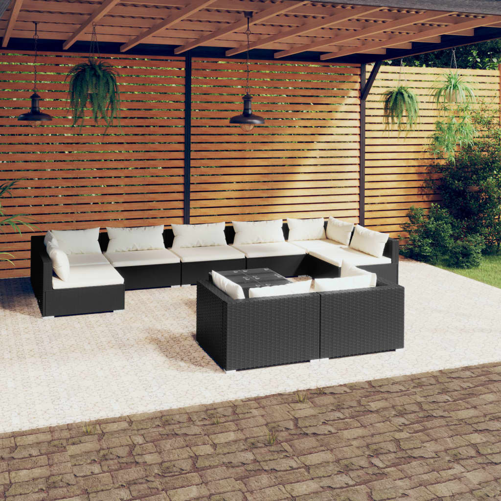 Set Divani da Giardino 10 pz con Cuscini in Polyrattan Nero