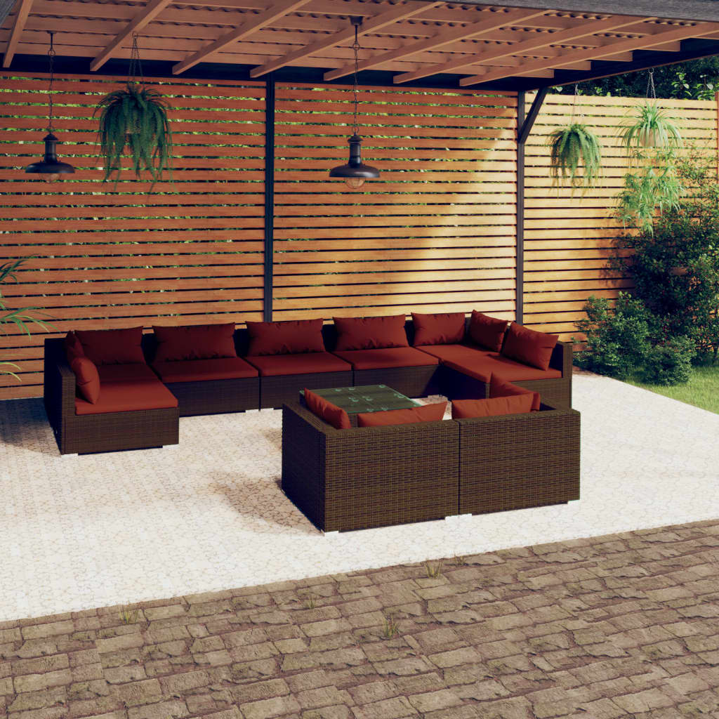 Set Divani da Giardino 10 pz con Cuscini in Polyrattan Marrone