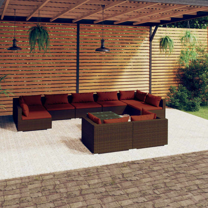 Set Divani da Giardino 10 pz con Cuscini in Polyrattan Marrone