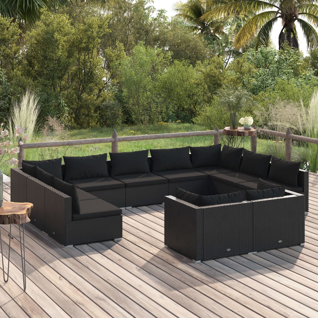 Set Divani da Giardino 11 pz con Cuscini in Polyrattan Nero