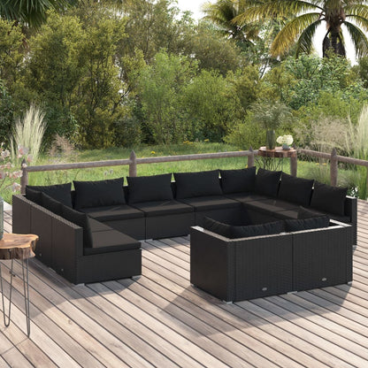 Set Divani da Giardino 11 pz con Cuscini in Polyrattan Nero