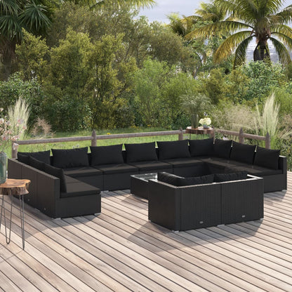 Set Divani da Giardino 13 pz con Cuscini in Polyrattan Nero