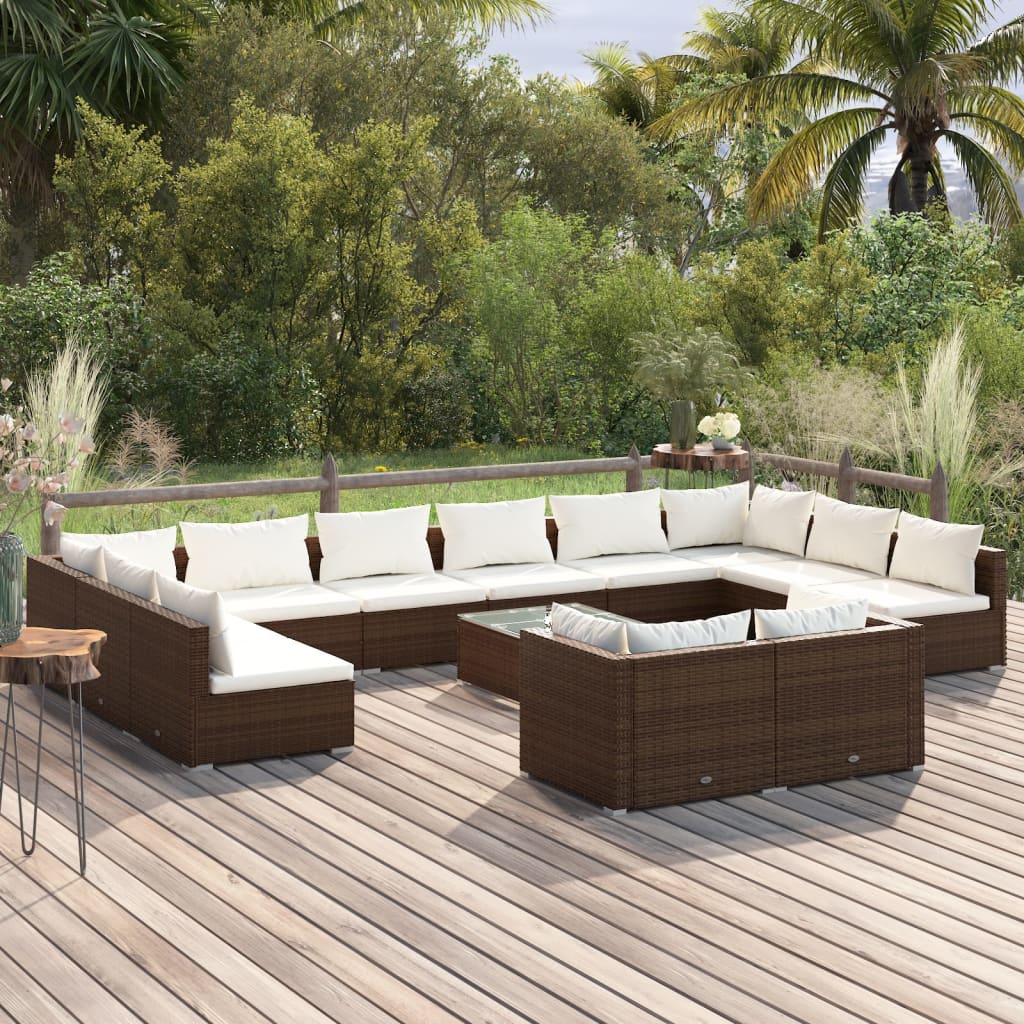Set Divani da Giardino 13 pz con Cuscini in Polyrattan Marrone