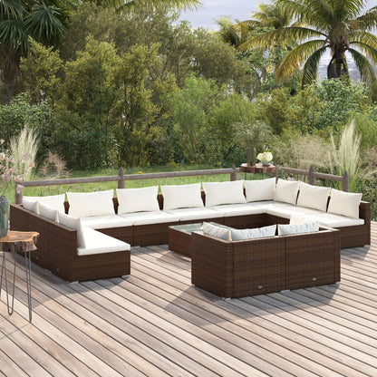 Set Divani da Giardino 13 pz con Cuscini in Polyrattan Marrone