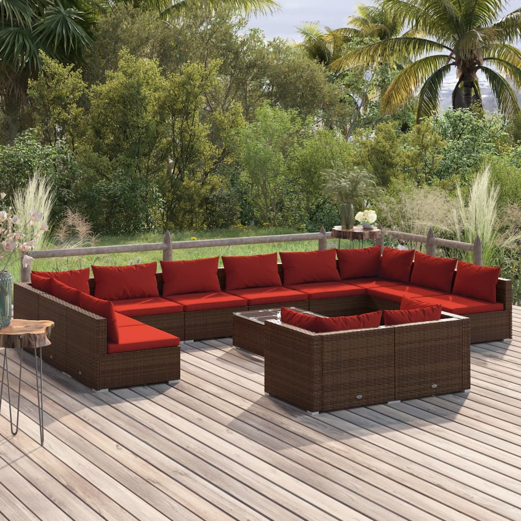Set Divani da Giardino 13 pz con Cuscini in Polyrattan Marrone