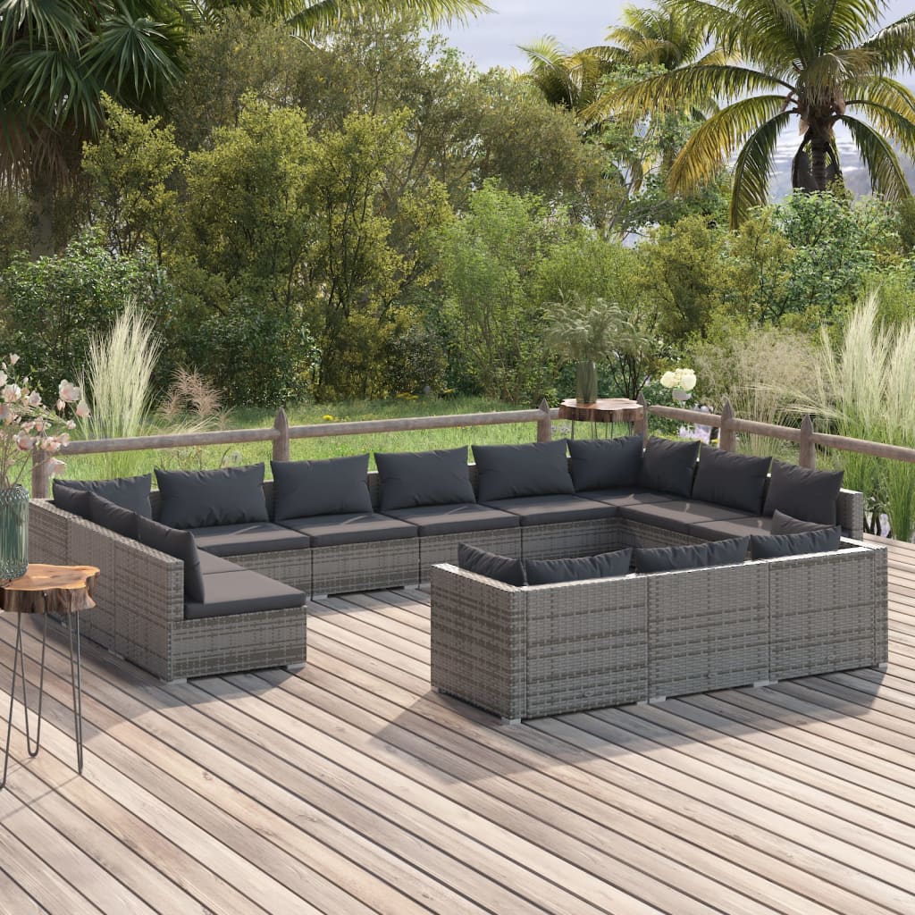 Set Divani da Giardino 13 pz con Cuscini in Polyrattan Grigio