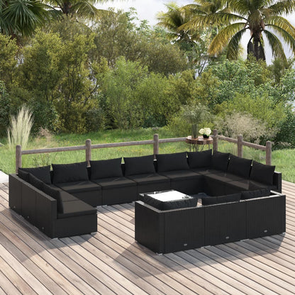 Set Divani da Giardino 14 pz con Cuscini in Polyrattan Nero