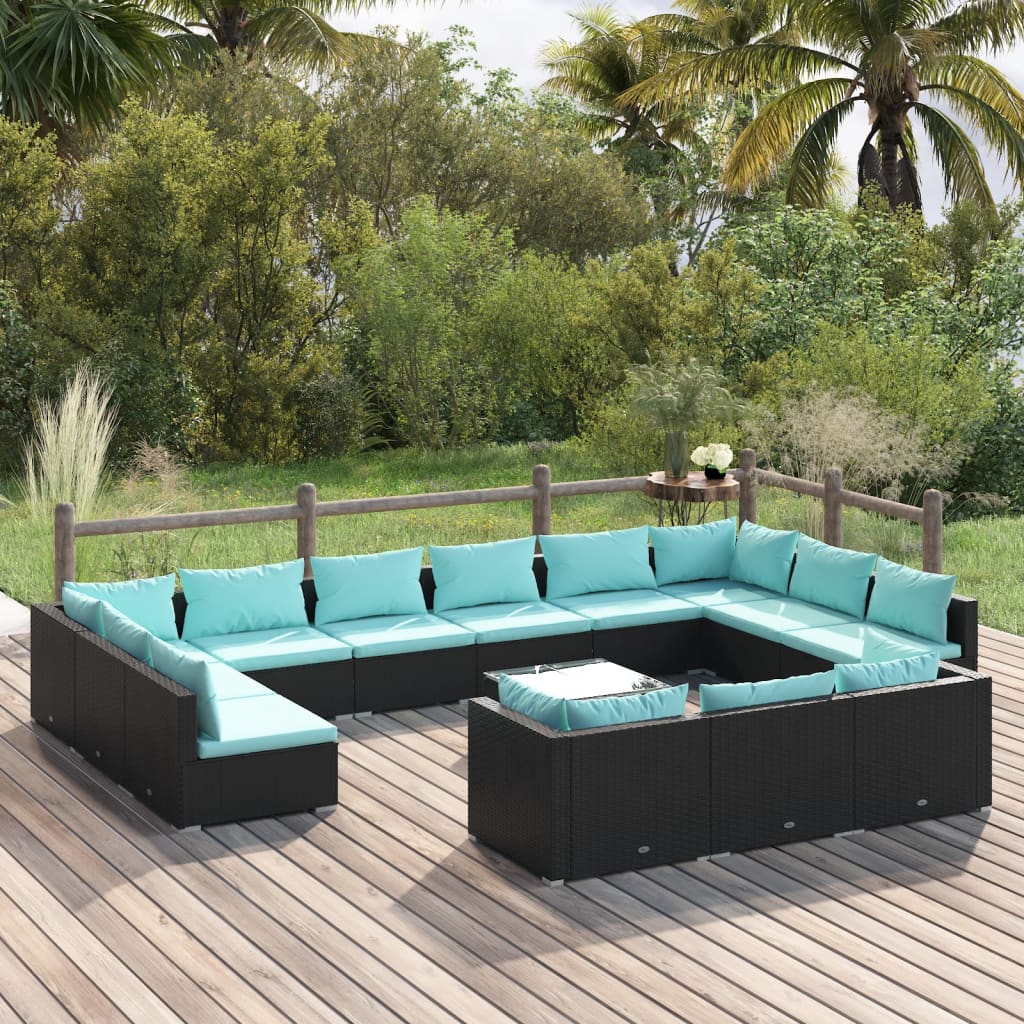 Set Divani da Giardino 14 pz con Cuscini in Polyrattan Nero
