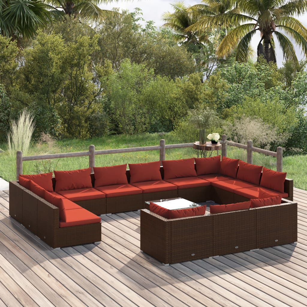 Set Divani da Giardino 14 pz con Cuscini in Polyrattan Marrone