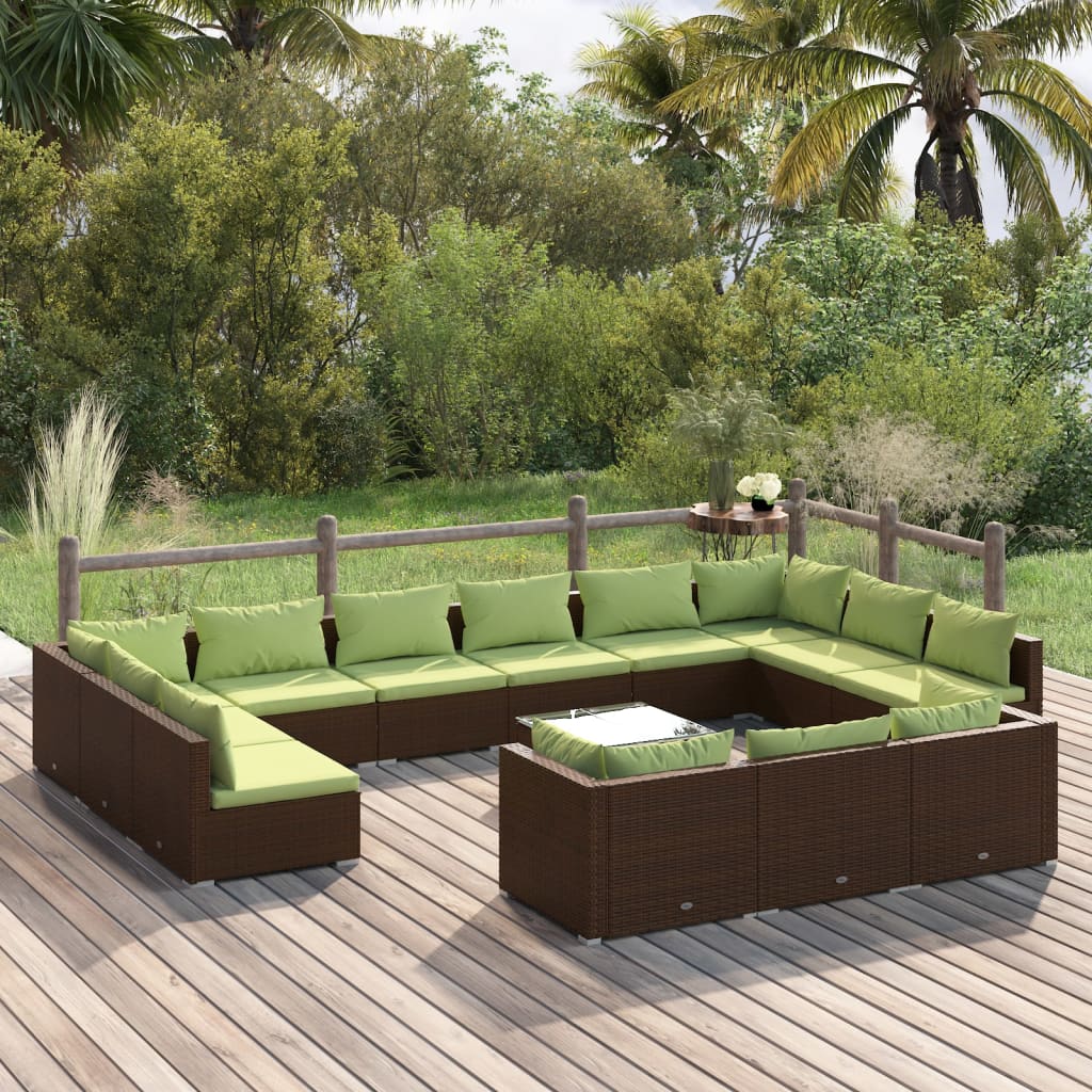 Set Divani da Giardino 14 pz con Cuscini in Polyrattan Marrone