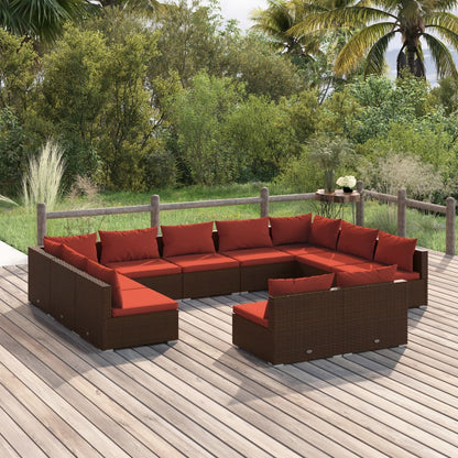 Set Divani da Giardino 11 pz con Cuscini in Polyrattan Marrone